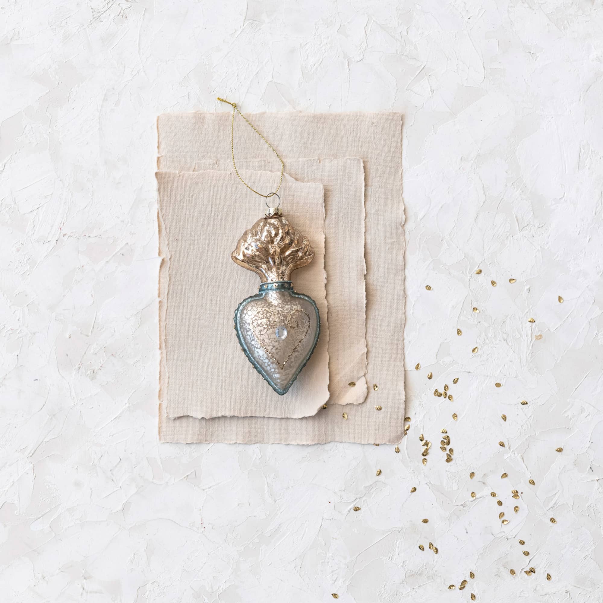 Hello Honey® 5.5" Silver Finish & Aqua Mercury Glass Sacred Heart Ornament with Glitter & Jewel